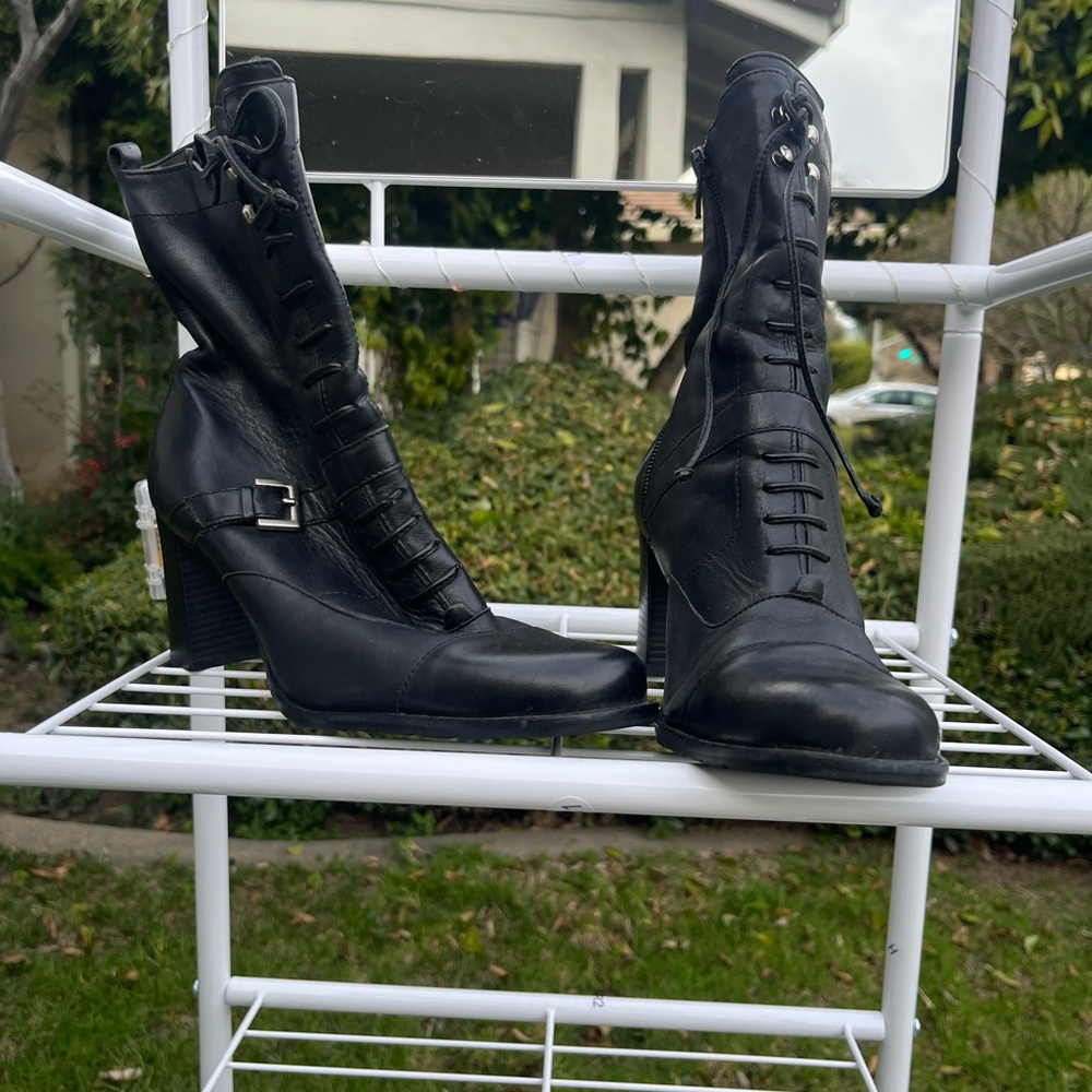 Black Lace-Up Heeled Ankle Boots - Women